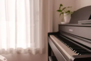 A close-up of the piano and indoor plants at JG Studio. Captured in natural light with a soft, beautiful bokeh.